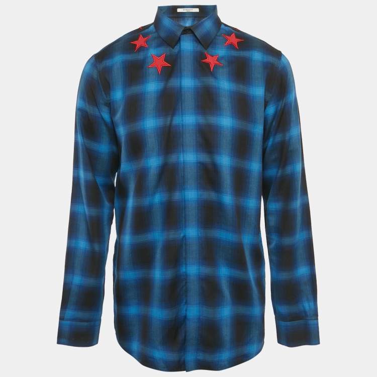 Pre Owned Givenchy Blue Plaided Star Embroidered Cotton utton Front Shirt XL