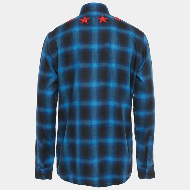 Pre Owned Givenchy Blue Plaided Star Embroidered Cotton utton Front Shirt XL