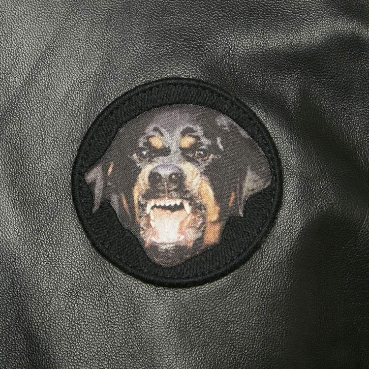 Pre Owned Givenchy Black Leather Rottweiler Patch Bomber Jacket 3XL