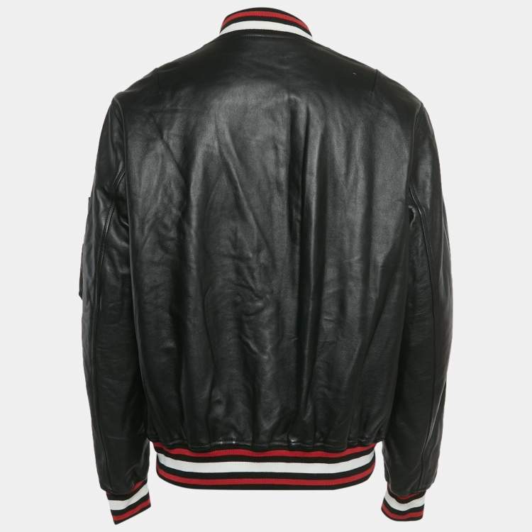 Pre Owned Givenchy Black Leather Rottweiler Patch Bomber Jacket 3XL