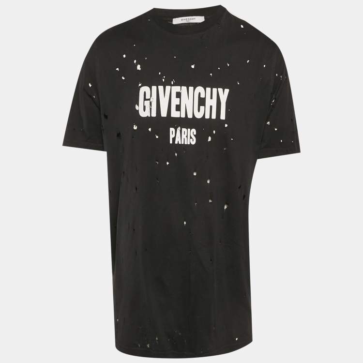 Pre Owned Givenchy Black Logo Print Jersey Distressed T-Shirt M