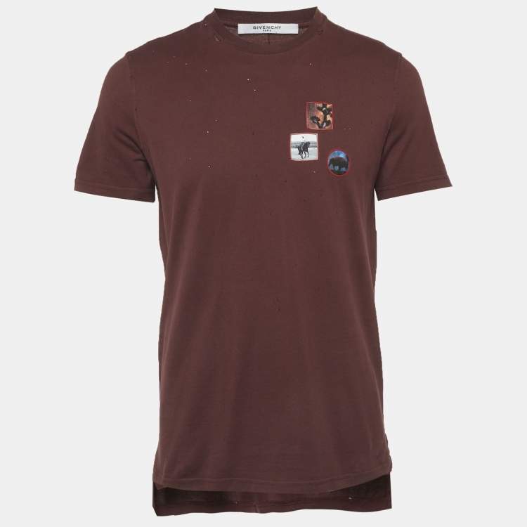 Pre Owned Givenchy Burgundy Printed Jersey Distressed T-Shirt M