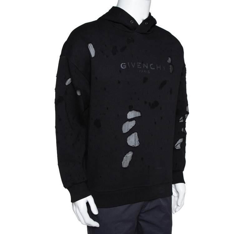 Givenchy Black Cotton Knit Distressed Logo Regular Fit Hoodie M