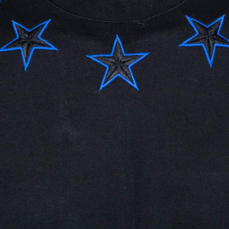 Pre Owned Givenchy Black & Blue Cotton Star Embroidered Crew Neck T Shirt S