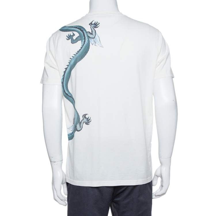 Pre Owned Givenchy Cream Cotton Dragon Logo Printed T Shirt L