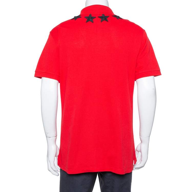 Pre Owned Givenchy Red Cotton Pique Star Embroidered Polo T Shirt XXL