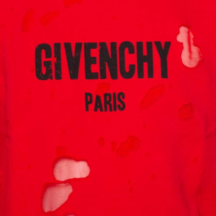 Pre Owned Givenchy Red Cotton Logo Printed Distressed Crewneck Sweatshirt S