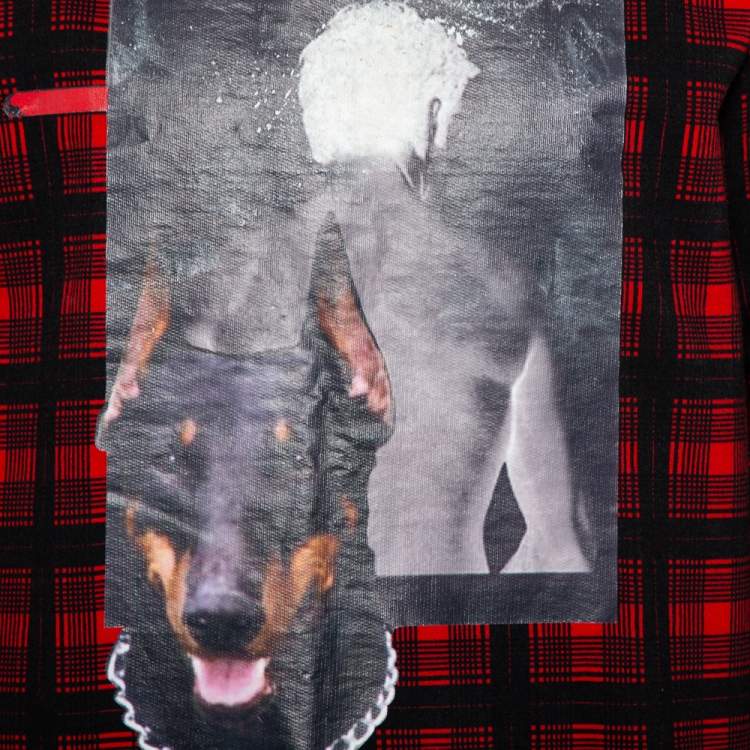 Pre Owned Givenchy Red & Black Cotton Tartan Doberman Printed Crewneck Sweatshirt S