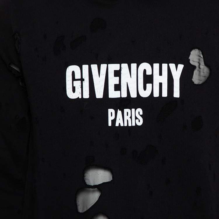 Pre Owned Givenchy Black Logo Print Cotton Distressed Hooded Sweatshirt S