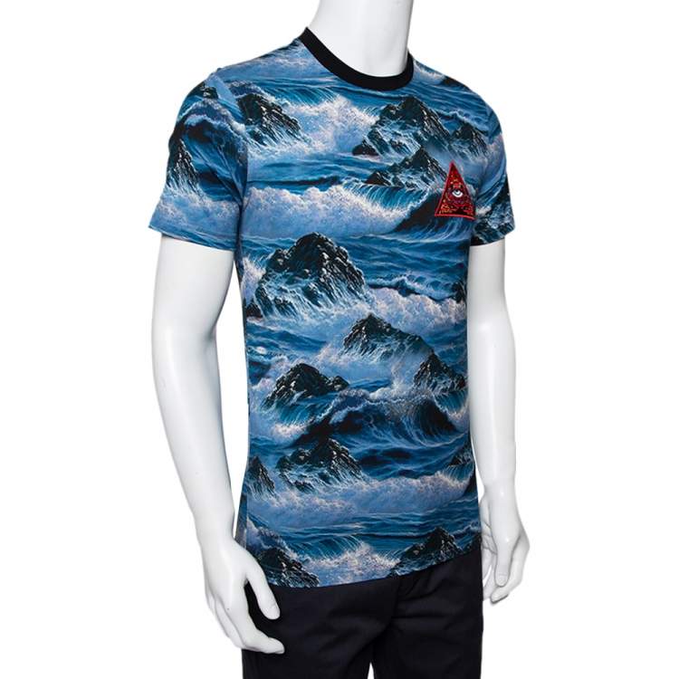 Pre Owned Givenchy Blue Printed Cotton Crew Neck T-Shirt S
