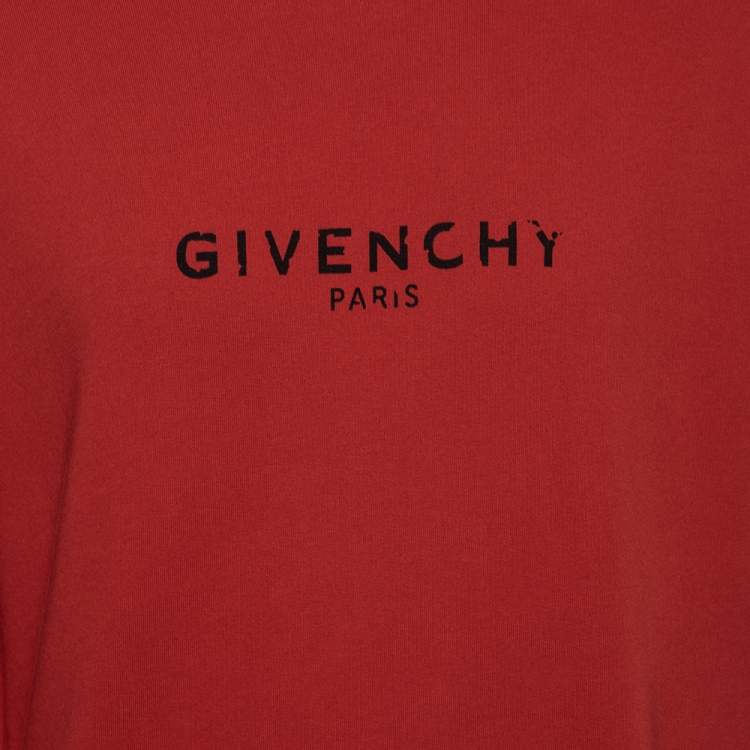 Pre Owned Givenchy Red Logo Printed Cotton Knit Crewneck Sweatshirt L
