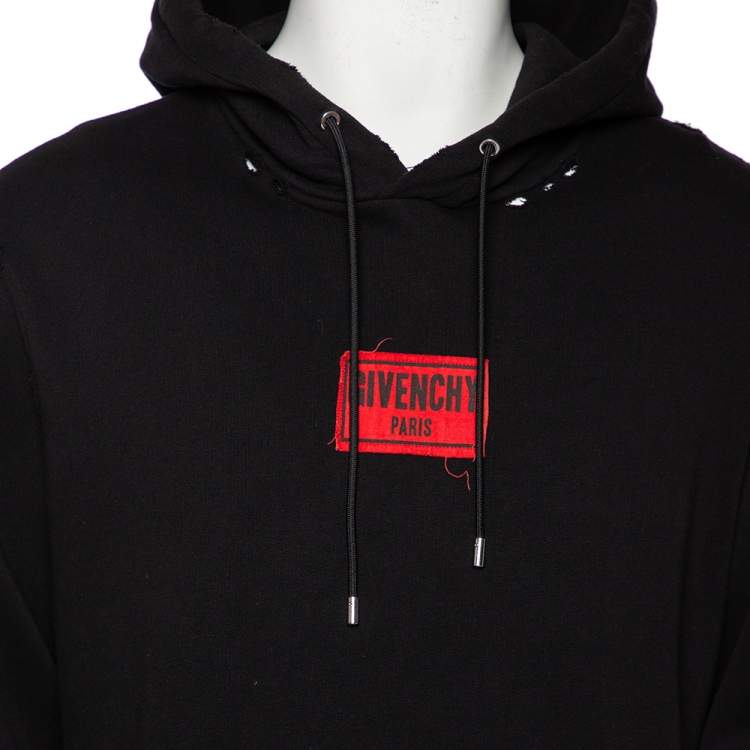 مملوكة مسبقًا Givenchy Black Distressed Cotton Logo Applique Detailed Hooded Sweatshirt XL