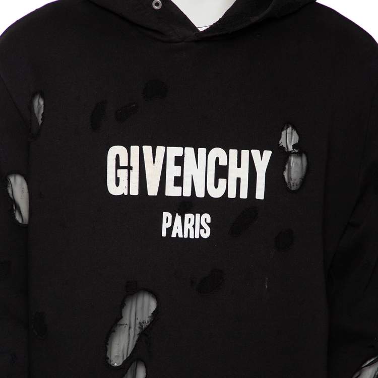 Pre Owned Givenchy Black Distressed Cotton & Mesh Inset Logo Printed Hooded Sweatshirt XXL