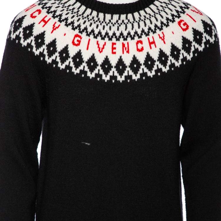 Pre Owned Givenchy Black Fair Isle Logo Knit Wool Frayed Edged Sweater M