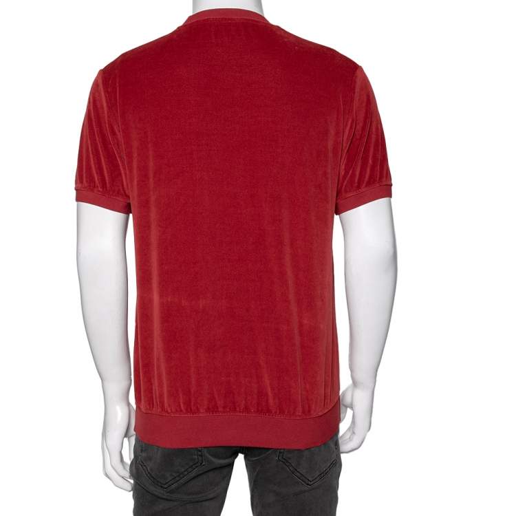Pre Owned Givenchy Red Velour Logo Embroidered Crewneck T-Shirt L