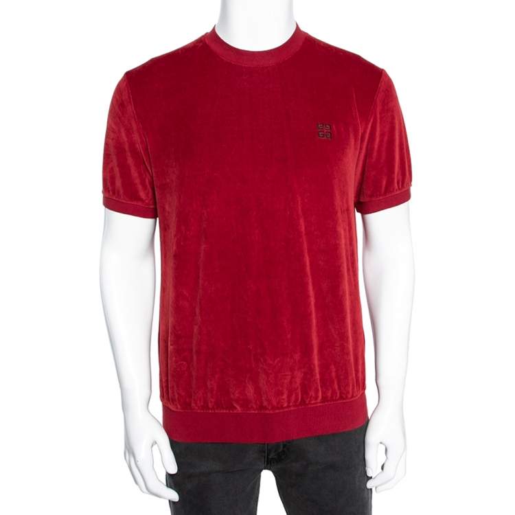 Pre Owned Givenchy Red Velvet Rib Knit Trimmed Short Sleeve T-Shirt L