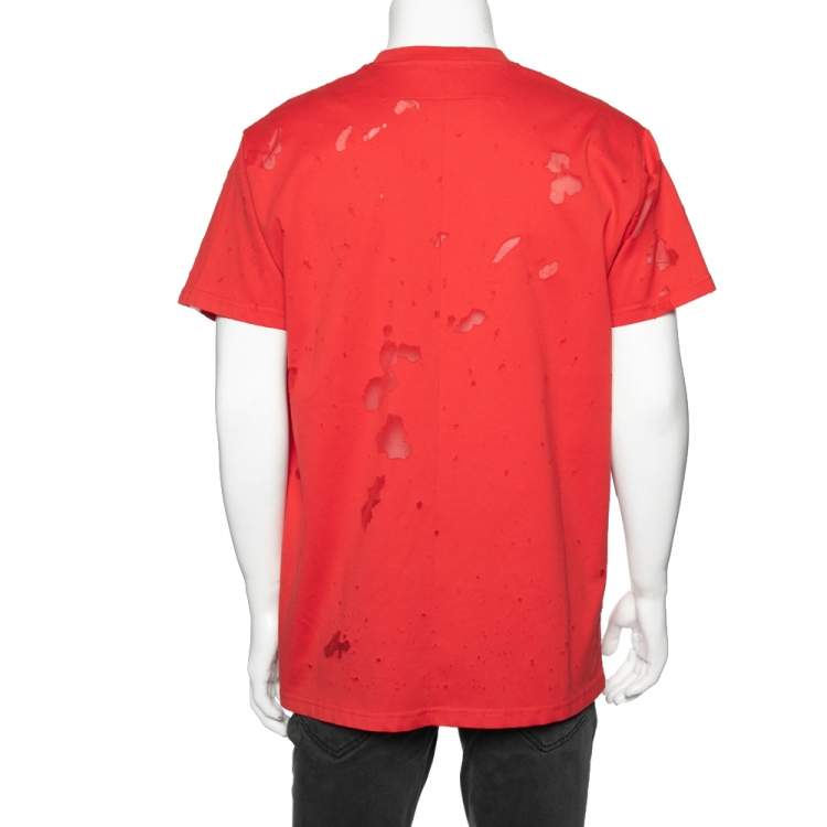 Pre Owned Givenchy Red Distressed Cotton & Mesh Inset Short Sleeve T-Shirt S