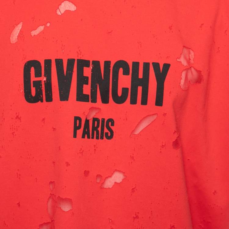 Pre Owned Givenchy Red Distressed Cotton & Mesh Inset Short Sleeve T-Shirt S