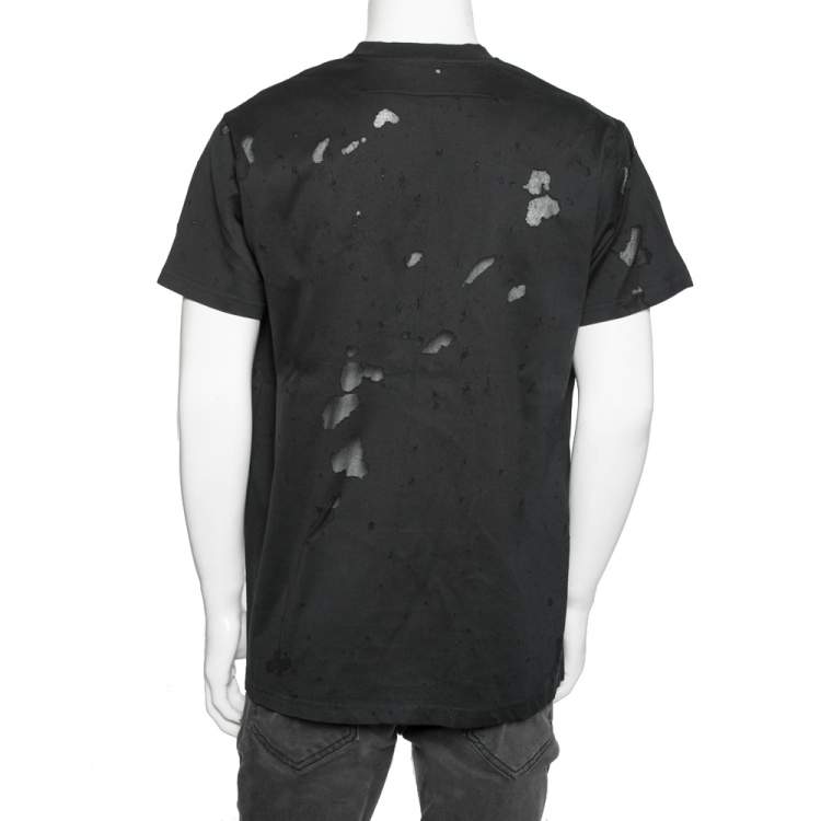 Pre Owned Givenchy Black Distressed Cotton & Mesh Inset Logo Printed T-Shirt XS