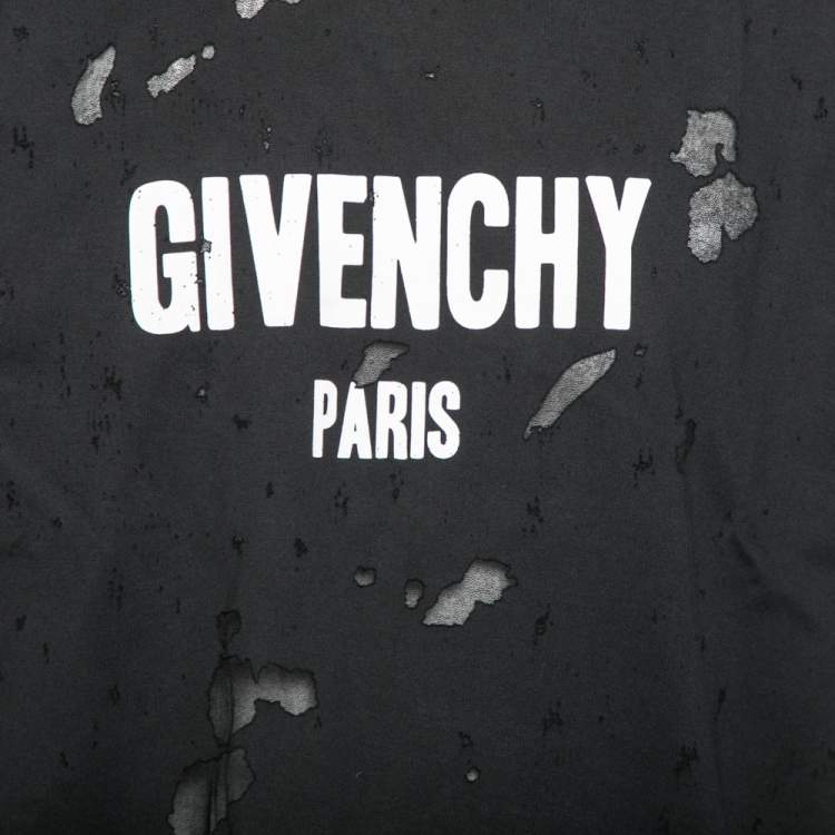 Pre Owned Givenchy Black Distressed Cotton & Mesh Inset Logo Printed T-Shirt XS