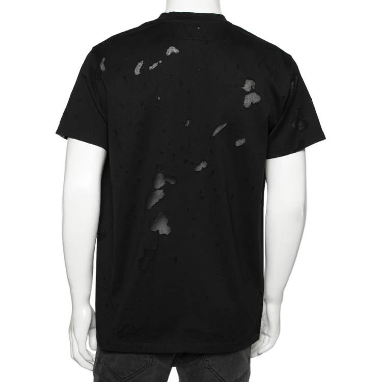 Pre Owned Givenchy Black Distressed Cotton & Mesh Inset Logo Printed T-Shirt XS