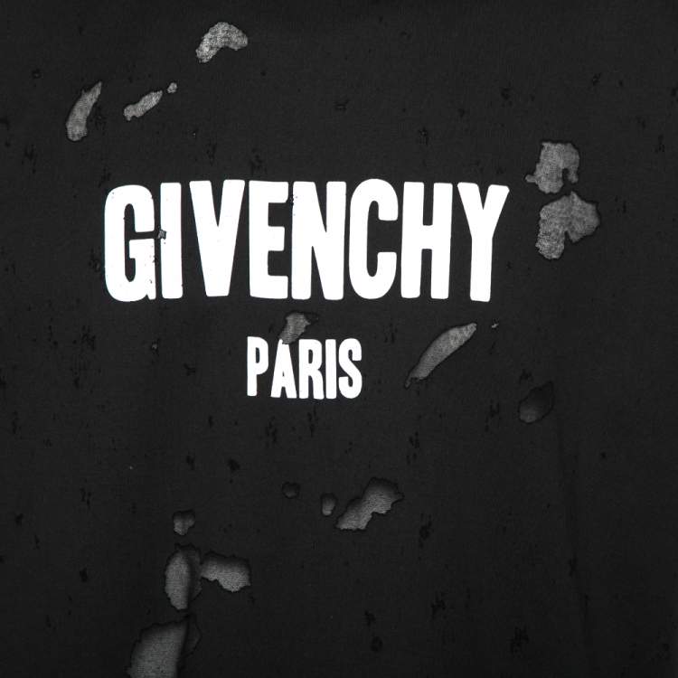 Pre Owned Givenchy Black Distressed Cotton & Mesh Inset Logo Printed T-Shirt XS
