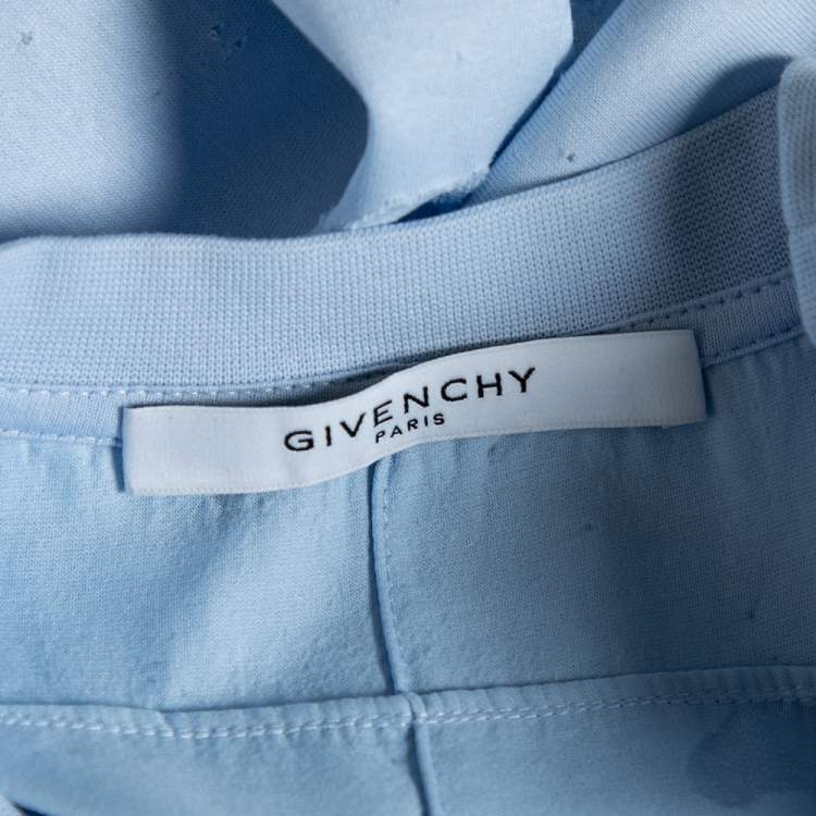 Pre Owned Givenchy Blue Distressed Cotton & Mesh Inset Logo Printed T-Shirt XS