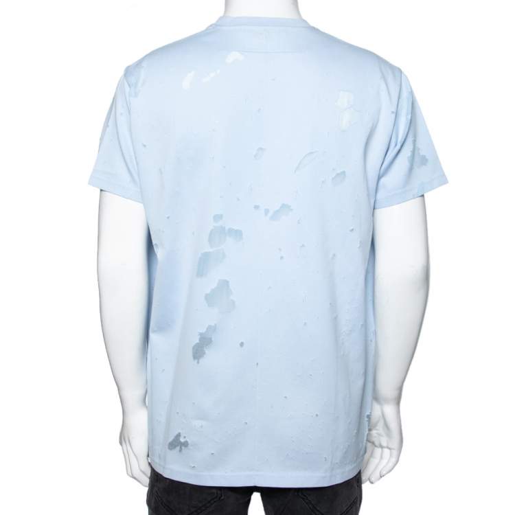 Pre Owned Givenchy Blue Distressed Cotton & Mesh Inset Logo Printed T-Shirt XS