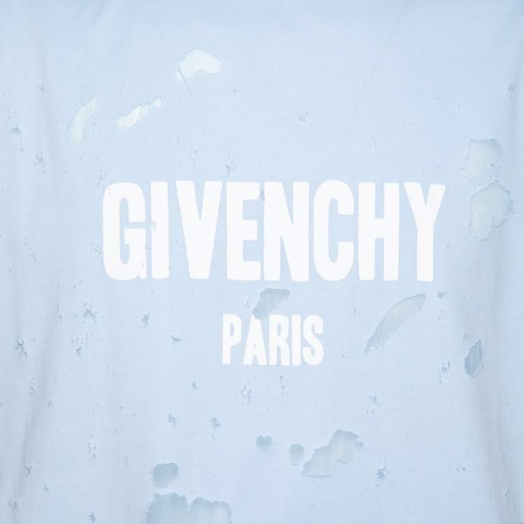 Pre Owned Givenchy Blue Distressed Cotton & Mesh Inset Logo Printed T-Shirt XS