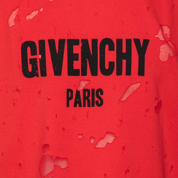 Pre Owned Givenchy Red Distressed Cotton & Mesh Inset Short Sleeve T-Shirt XS