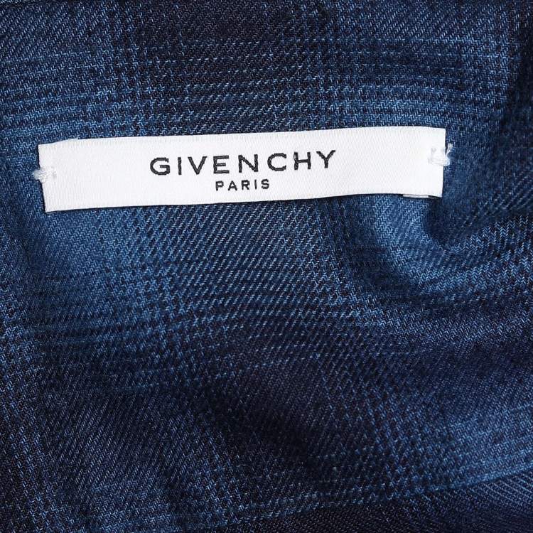 Pre Owned Givenchy Navy Blue Plaid Flannel Stars Patch Long Sleeve Shirt M