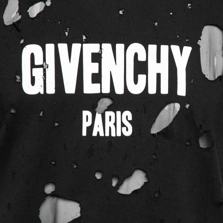 Pre Owned Givenchy Black Distressed Cotton & Mesh Inset Logo Printed T-Shirt M