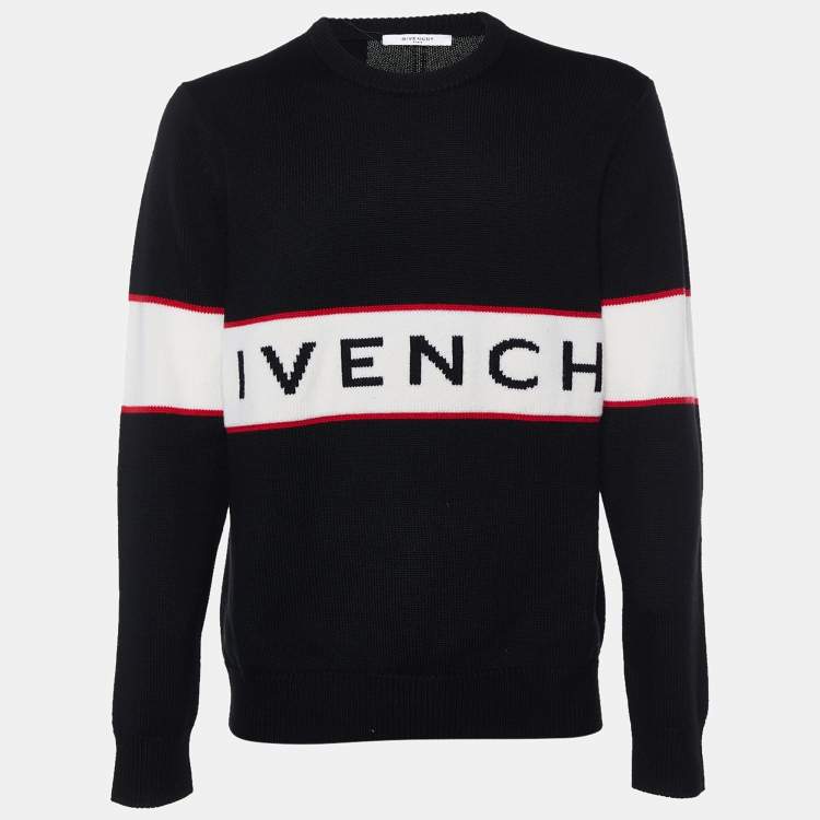 Givenchy Black Logo Intarsia Band Wool Crewneck Sweater XL Givenchy ...