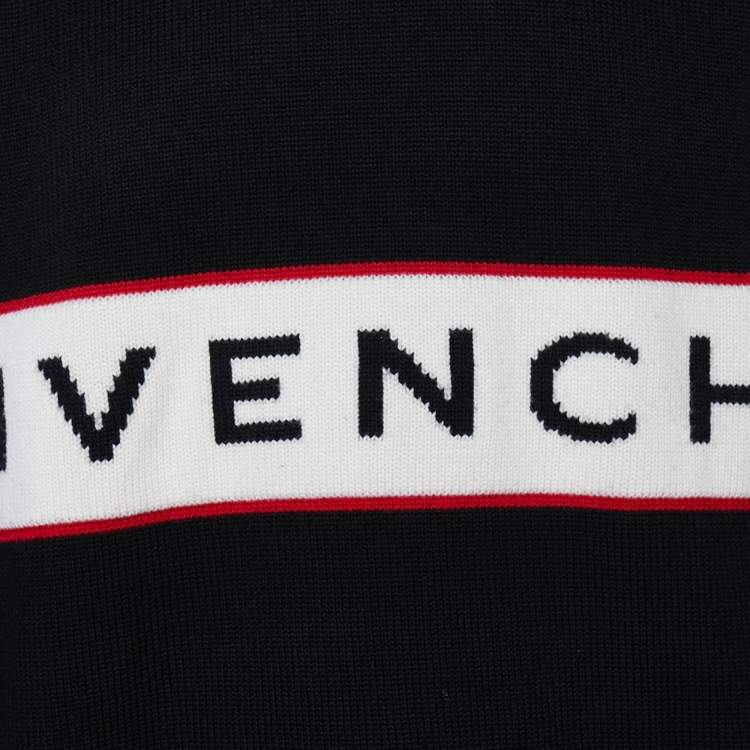 Pre Owned Givenchy Black Logo Intarsia Band Wool Crewneck Sweater XL