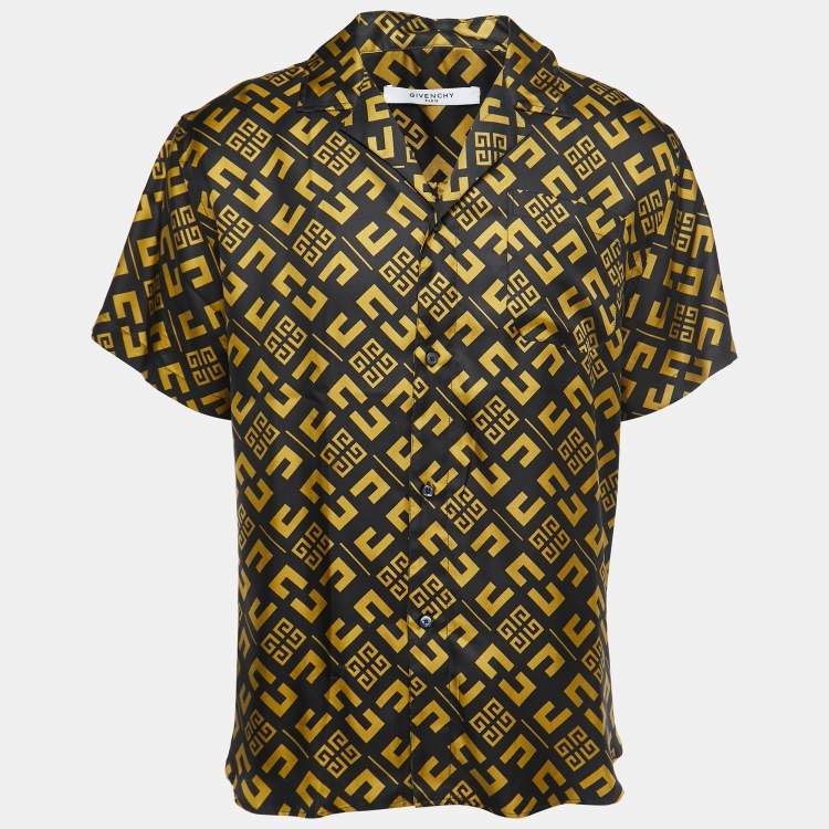 Pre Owned Givenchy Black Logo Print Silk Button Front Half Sleeve Shirt L