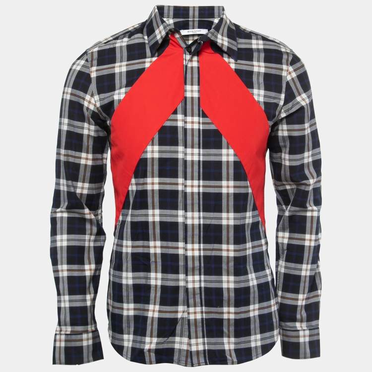 Pre Owned Givenchy Navy Blue Plaid Cotton Contrast Paneled Button Front Full Sleeve Shirt M