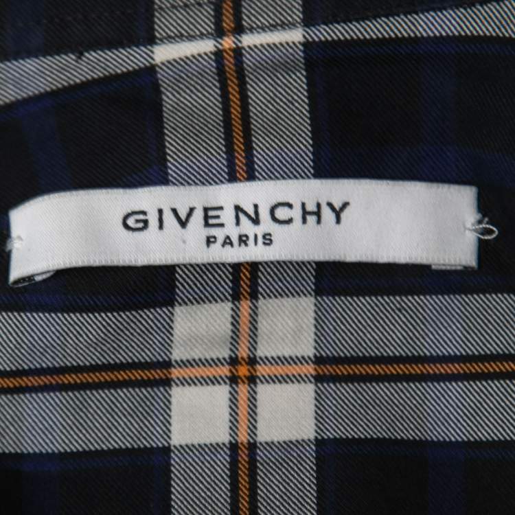 Pre Owned Givenchy Navy Blue Plaid Cotton Contrast Paneled Button Front Full Sleeve Shirt M
