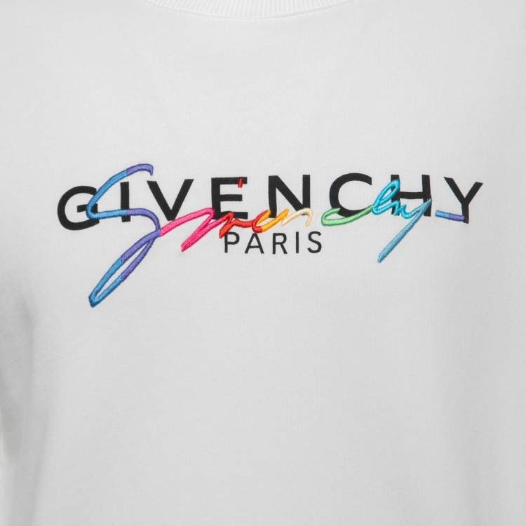 Pre Owned Givenchy White Logo Embroidered Cotton Crew Neck Sweater S