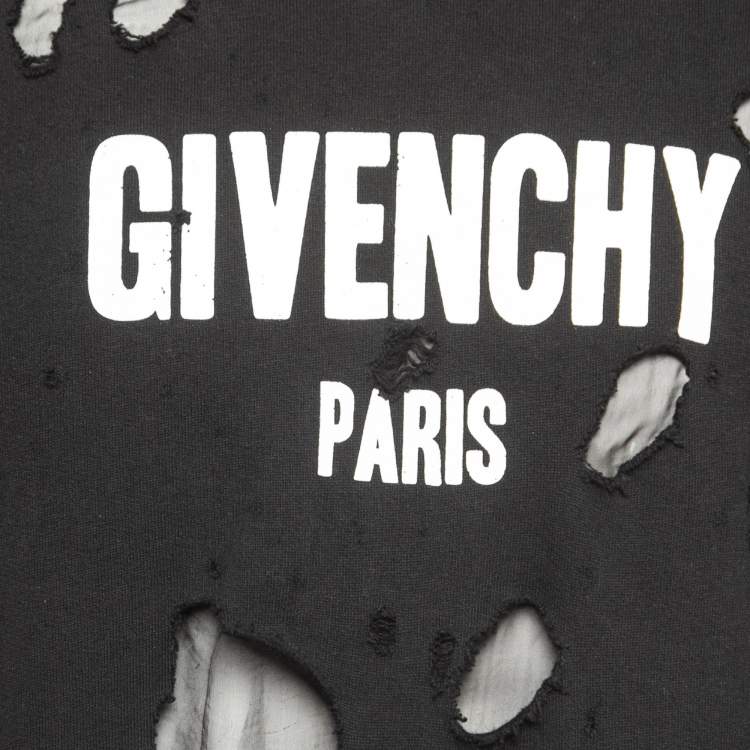 Pre Owned Givenchy Black Logo Print Distressed & Ripped Cotton Crew Neck Sweatshirt M