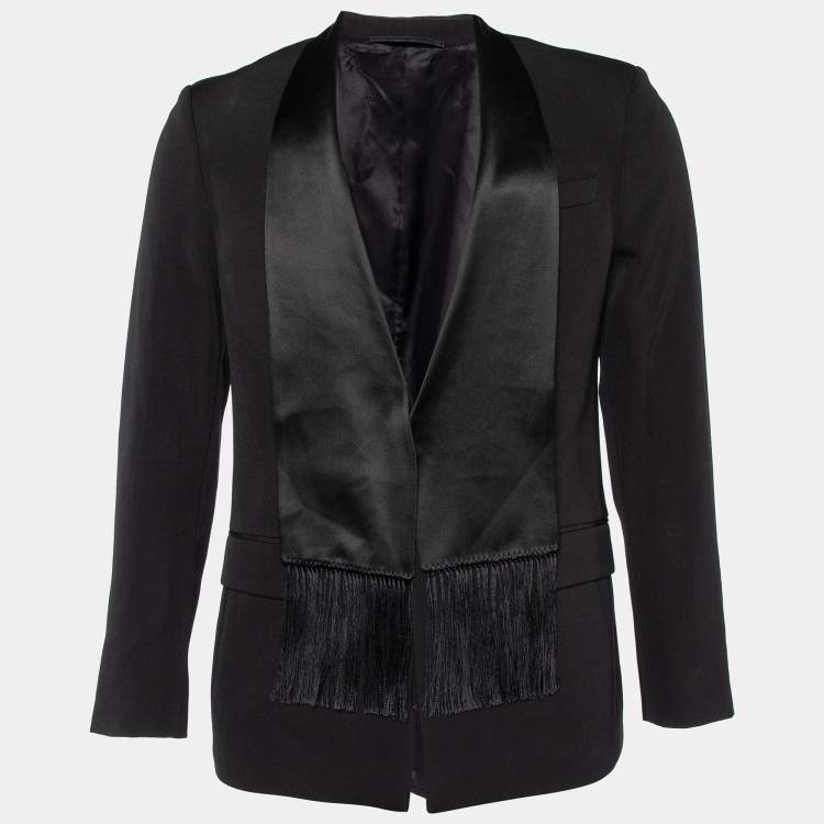 Pre Owned Givenchy Black Wool & Silk Satin Fringed Shawl Collar Blazer M