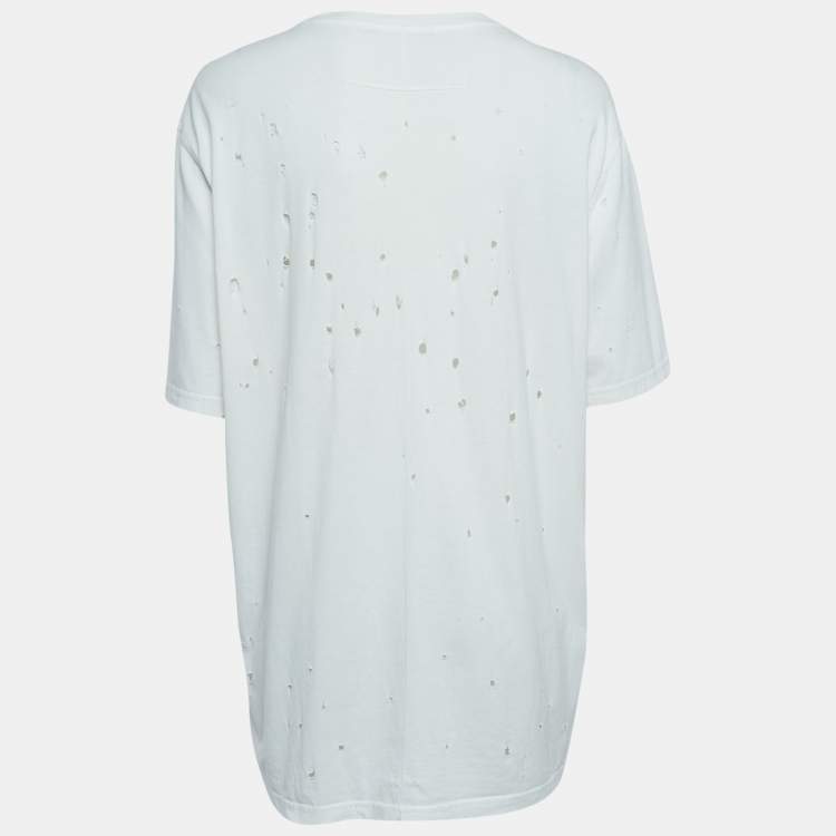 Pre Owned Givenchy White Logo Print Distressed Cotton Half Sleeve T-Shirt L