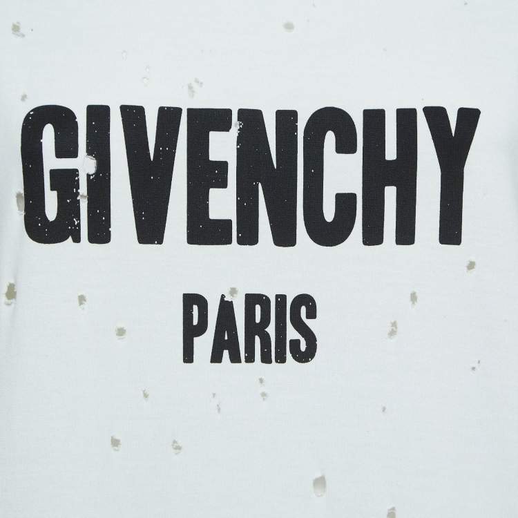 Pre Owned Givenchy White Logo Print Distressed Cotton Half Sleeve T-Shirt L