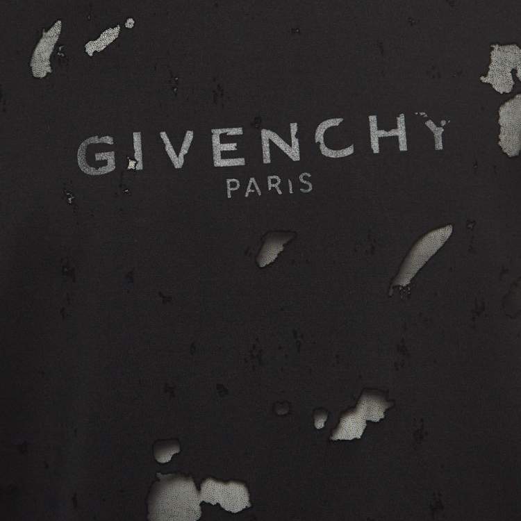 Pre Owned Givenchy Black Logo Print Distressed Cotton Crew Neck T-Shirt S