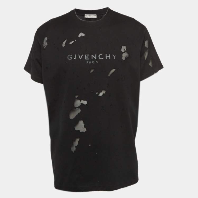 Pre Owned Givenchy Black Logo Print Distressed Cotton Crew Neck T-Shirt S