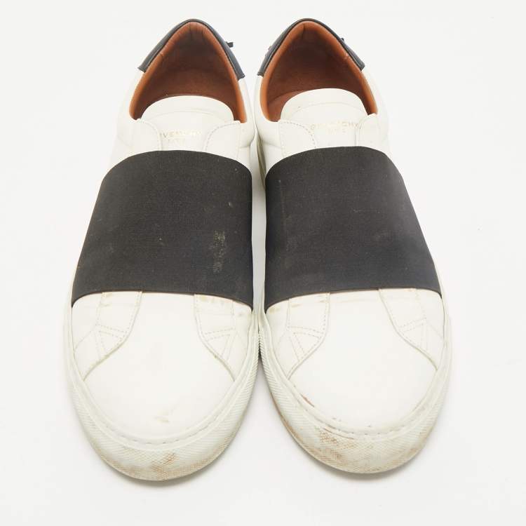 Pre Owned Givenchy White/Black Leather and Stretch Band Slip On Sneakers Size 45