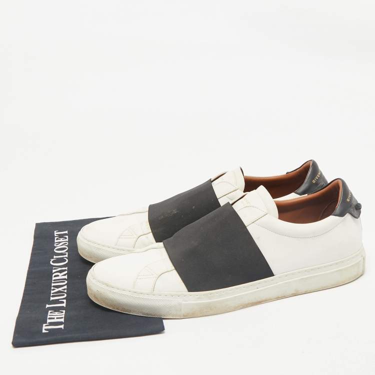 Pre Owned Givenchy White/Black Leather and Stretch Band Slip On Sneakers Size 45