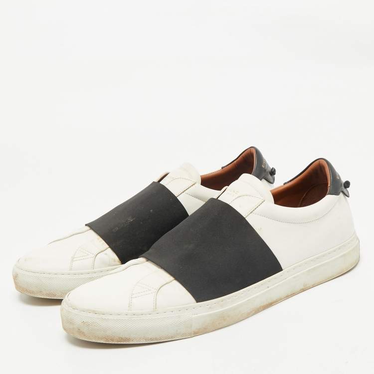 Pre Owned Givenchy White/Black Leather and Stretch Band Slip On Sneakers Size 45