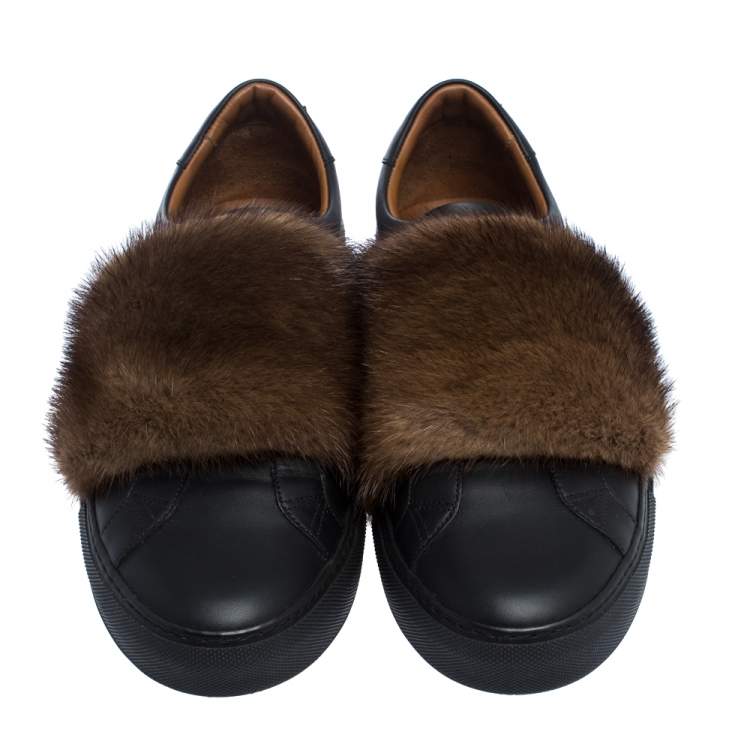 Pre Owned Givenchy Black Leather And Brown Mink Fur Urban Street Slip On Sneakers Size 43