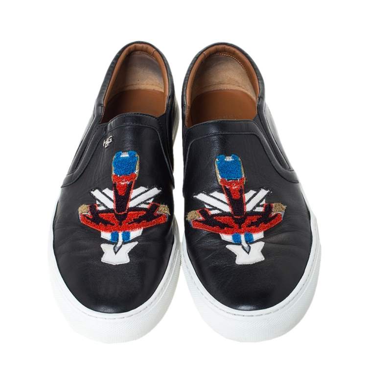Pre Owned Givenchy Black Leather Embroidered Slip-On Sneakers Size 44