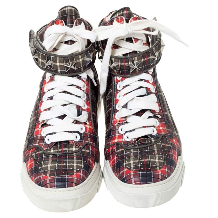 Pre Owned Givenchy Multicolor Plaid Leather Tyson Star Studded High Top Sneakers Size 45